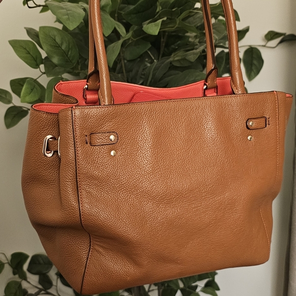 Coach Turnlock Tie Pebble Leather Brown and Orange Tote 35838 - Picture 5 of 8